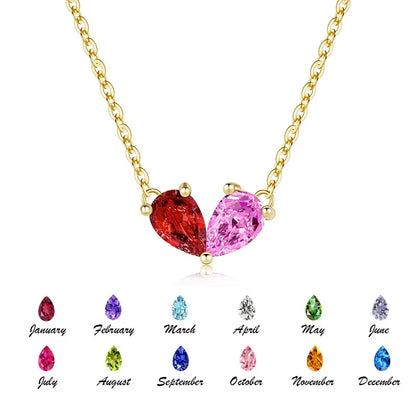Two-stone heart necklace with the twelve month color chart